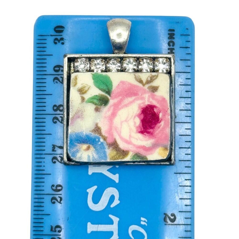 Homer Laughlin Floral Broken China  Square Pendant with Rhinestones Necklace - Picture 6 of 15